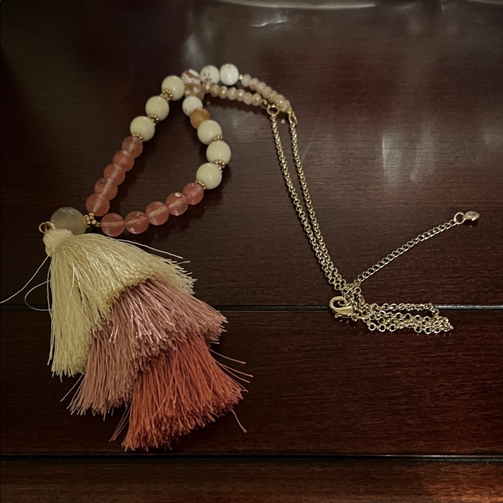 Macy's Pink and Cream Beaded Tassel Necklace